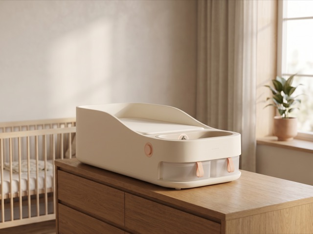 A real nursery with Baedi on the dresser beside a crib and a window plant.