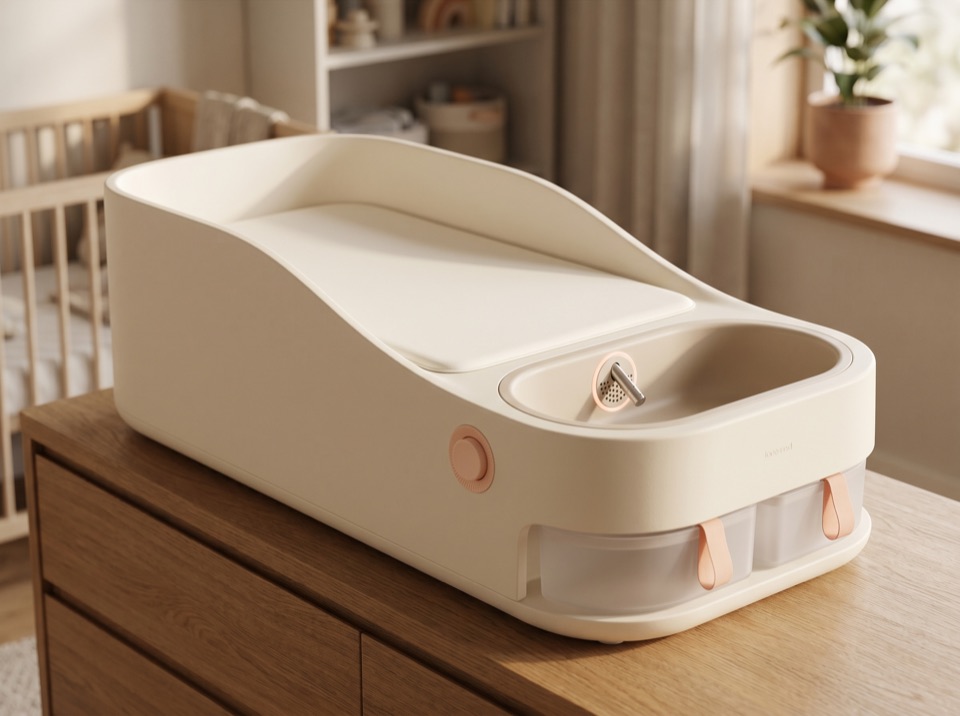 Baedi — a cream countertop changing station with contoured walls, a sand rinse basin, and peach touchpoints, on an oak dresser in a nursery.
