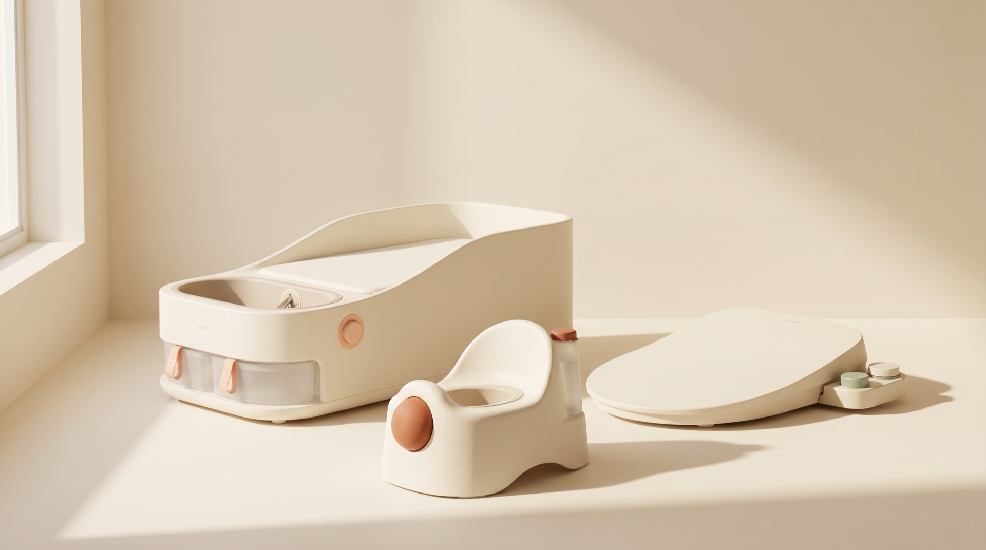 The Fidei family — Baedi changing station, Today toddler potty, and Midei bidet seat — in a warm cream still life.