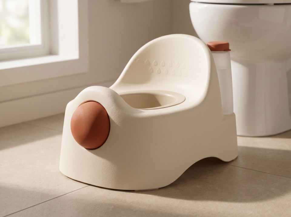 Today — a cream toddler potty with a terracotta accent dome, beside a full-size toilet.
